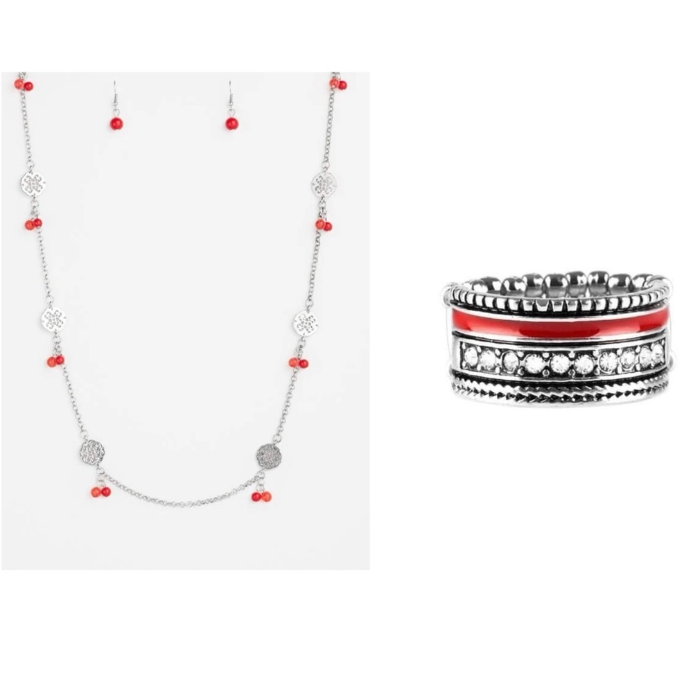 NEW - Paparazzi Silver and Red Necklace with Dainty Beads & Ring